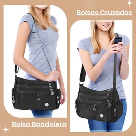 Bolso Bandolera Mujer, Hekyip Bolsa Cruzada para Mujer, Bolsa Impermeable Mochila Mariconera Cruzada con Múltiples Bolsillos Cremallera, Tamaño Grande Nylon Bolsas de Hombro (Negro)