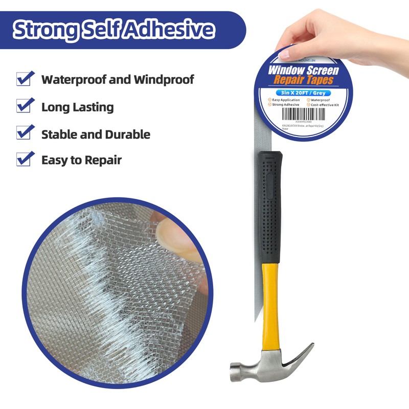 KING MOUNTAIN Grey Window Screen Repair Tape,3inX20FT Heavy Duty Screen