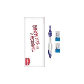 Maped - Origin Compass + 2 Technic Duo Erasers - Made in France - Ergonomic Steel Compass with Refill, Refill, Eraser, Pencil & Ink - From 10 Years, CM2