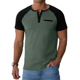 Sailwind Henley Shirts for Men Short Sleeve Casual Summer Collarless Tee Basic T-Shirts Shirts Fashion Button Top with Pocket Green Black