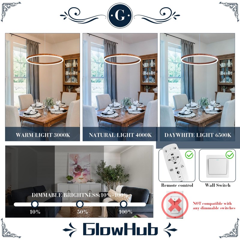 Modern LED Chandelier, 1-Ring LED Pendant Light Fixture with Remote