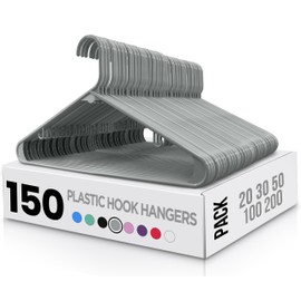 Utopia Home Plastic Hangers 150 Pack - Clothes Hanger with Hooks - Durable & Space Saving Coat Hanger - Heavy Duty Skirt Hangers (Grey)