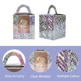 Roponan 30 Pieces Single Cupcake Boxes, Paper Bakery Boxes, Individual Cupcake Carriers with Clear Display Window, Handle and Insert (Shiny Silver)