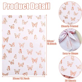 Hjvvr Tissue Paper,Metallic Butterfly Wrapping Paper,20sheets 20x14inch Rose Gold for Birthday Wedding Party