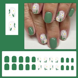 Press On Nails Short Square Fake Nails Flower Stick On Nails Green Glue On Nails Glossy Shiny Artificial Nails Full Cover Acrylic Nail Kit For Women Girl 24pcs