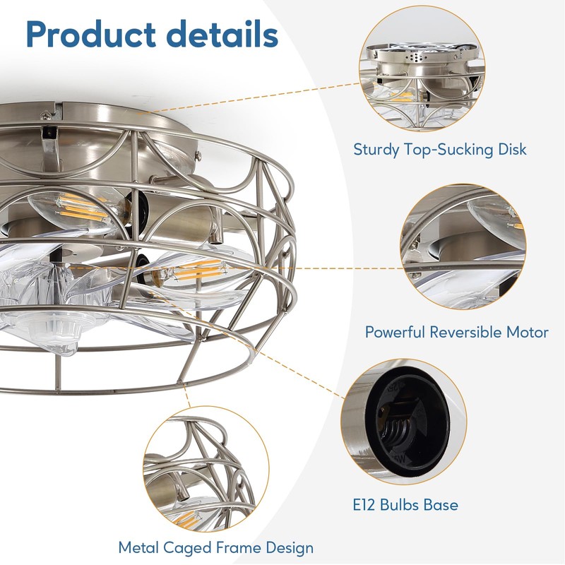 Brushed Nickel Caged Ceiling Fans with Lights and Remote,6 Speeds,12