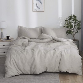 Simple&Opulence 100% Linen Duvet Cover Set 3pcs Stone Washed Natural French Flax Basic Style Solid Color Bedding with Button Closure (Queen, Linen)