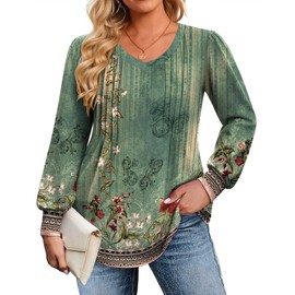 IN'VOLAND Tunic Tops for Women Plus Size Puff Long Sleeve V Neck Shirts Cute Babydoll Flowy Blouse Fall Winter Clothes Green Flower