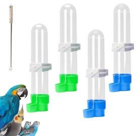 4 Pcs Bird Water Feeder, Budgie Water Dispenser with 20cm Brush, 120ml Capacity Water Feeder for Birds, Blue and Green Base Budgie Feeders for Cages