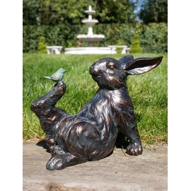 Gifts Direct 2 U Rabbit & Bird Resin Indoor Outdoor Garden Ornament Bronze Effect Decoration For Home Patio Decking Statue Farmhouse Style