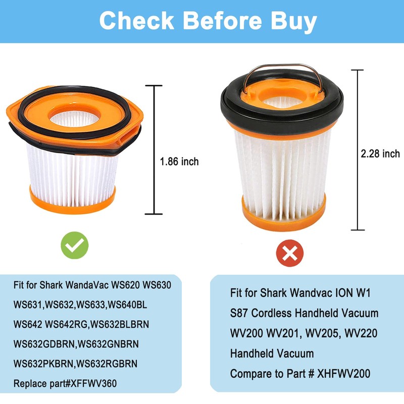 8 Pack Vacuum Filter Replacement for Shark WS620 WS632 WS630