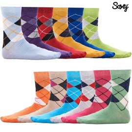 Mens Black Colour Heel and Toe Socks - 12 Pack - Comfortable, Everyday, Cotton Rich Breathable Socks - Mens UK Shoe Size 6-11 (Bright Colours Argyle)