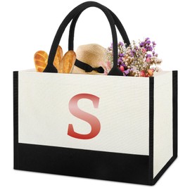 Monogrammed Initial Canvas Tote Bag Gifts for Women Friends Coworker Mother in Law, Gifts for Women Who Have Everything, Beach Work Bag Gift for Birthday, Wedding, Christmas, Anniversary- Letter S