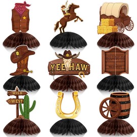 Pajean 9 Pieces Western Cowboy Honeycomb Centerpieces Decorations West 3D Table Toppers Double Sided Stand Cards Theme Birthday Party Favor Supplies for Kids, JB-220629-B