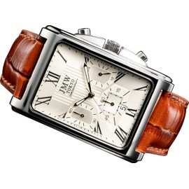 JMW TOKYO Men's Square Wristwatch, White Silver & Brown, Square, Rectangular, Men's Chronograph, Limited Edition, Seiko, Quartz, Leather Band, Genuine Leather, Business, Simple, Popular, Father's Day,