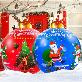 2PCS 24'' Giant Inflatable Christmas Balls with Ribbon, Holiday Yard Decorations and Ornaments, Red & Blue