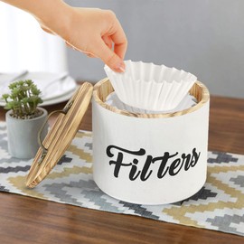 Coffee Filter Holder, Farmhouse White Filter Storage Container Basket for Counter, Wooden Case, Coffee Bar Accessories Coffee Station Organizer Decor