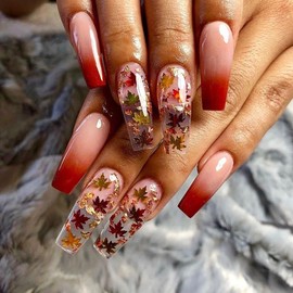 Fall Maple Leaves Press On Nails Long Square Fake Nails With Gold Maple Leaves Gold Foil Design Glue On Nails Press Ons Red Pink Gradient Stick On Nails Glossy Autumn False Nails For Women Girls