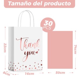 KIOVINO: 30 Bolsas de Regalo de Agradecimiento con 30 Hojas de Papel Rosa, Bolsas de Papel con Asas, para Bodas, Compras de Negocios, Baby Shower, Cumpleaños (Rosa Blanco)