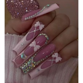 Aegenacess Press on Nails Square - Extra Long Fake Nails with 3D Rhinestones and Bows, Pink French Tips Cute False Nail, Stick On Nails for Women, 12 Sizes - 24 Nail Kit, Candy Ballet