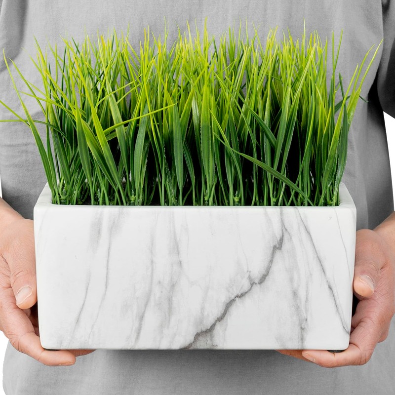 MyGift 10 Inch Artificial Green Grass Plant in Rectangular White