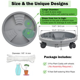 3 Pack 13 inch Plant Caddy with Lockable Wheels, Drainage & Self watering Design, Movable Wheel Round Planter Stand Coaster Trolley, Flower Pot Dolly Rack Tray on Rolling Caster Roller Indoor Outdoor