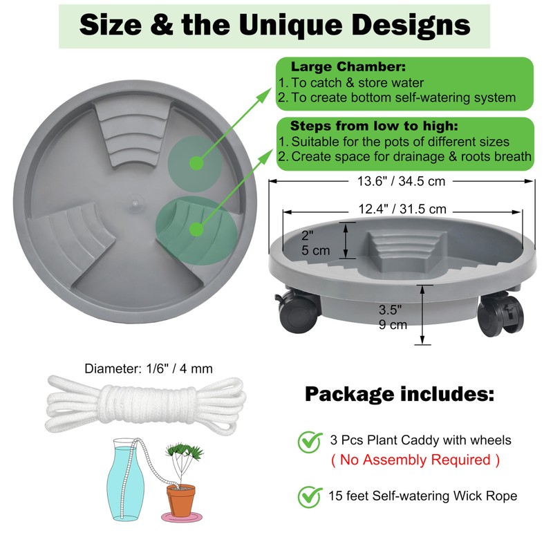 3 Pack 13 inch Plant Caddy with Lockable Wheels, Drainage