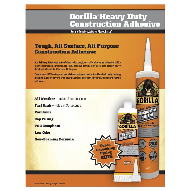 Gorilla Heavy Duty Construction Adhesive, 9 ounce Cartridge, White, (Pack