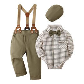 Amissz Baby Boy Gentleman Clothes Suit Infant Formal Long Sleeve Tuxedo Romper Jumpsuit + Suspender Pants + Beret Hat 3pcs Green, 3-6 months