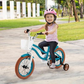 COSTWAY Kids Bike, 12 Inch Toddler Children Bike w/Training Wheels, Hand & Coaster Brakes, Adjustable Saddle & Handlebar, Basket, Bell, Kids Bicycle for Girls Boys Aged 3-8 Years Old, Turquoise