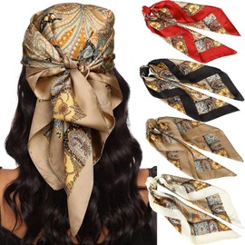 AWAYTR 27.5” Silk Satin Square Head Scarf - 4PCS Satin Head Scarves for Women Hair Kerchief Bandanas Sleeping Head Wraps