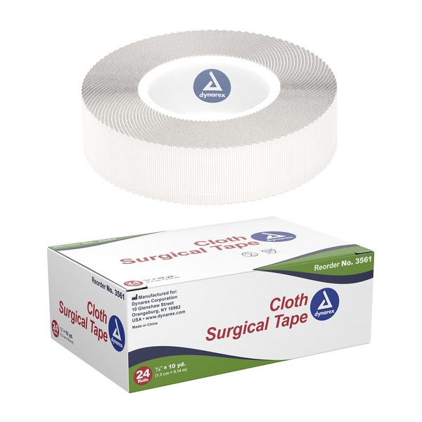 Dynarex Cloth Surgical Tape, Durable, Soft-Smooth Silky Fabric, Latex-Free, Tearable, Secure Adhesion, White, 1/2" x 10 yds, 1 Box of 12 Rolls of Tape