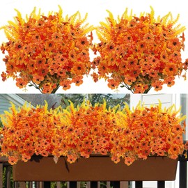 Mutcolor 10 Bundles Artificial Mums for Outdoors Fake Fall Flowers Silk Flowers Plastic Plants UV Resistant No Fade for Outside Porch Garden Pots Planters Autumn Fall Decor, (Orange)