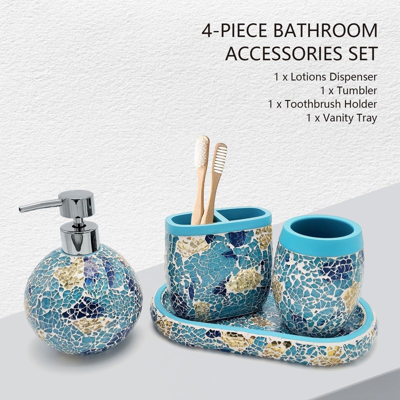 Handmade Blue Mosaic Glass Bathroom Accessory Sets 4PCS Bathroom Accessories
