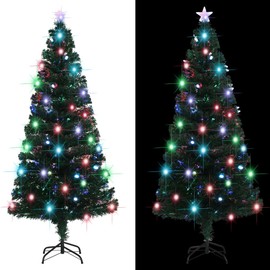 vidaXL 6 ft Pre-Lit Christmas Tree with Stand, Green Fiber Optic Xmas Tree, Dual LED/Optic Lights, Snowy Tips & LED Star