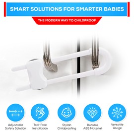 10 PACK Child Proof Cabinet Locks Set, Baby Proofing Adjustable U-Shaped Sliding Locks For Cabinets, Drawers, Closets, Cupboard Handles And Door Knobs. Easy to Use Perfect For Baby Safety (White)