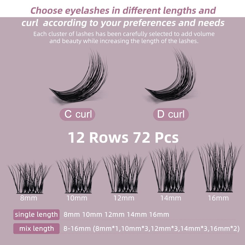 Individual Eyelashes, QUEWEL, Individual Eyelash Clusters, Lashes, C Curl, 10