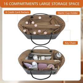 DupontPaper Purse Organizer Insert with Elastic Cup Holder,Tote Handbag Divider Shaper Cpmpatible with Longchamp Medium/Goyard PM and More, 17 Compartments/Key Leash Zipper Bags Liner, Black&Brown/M