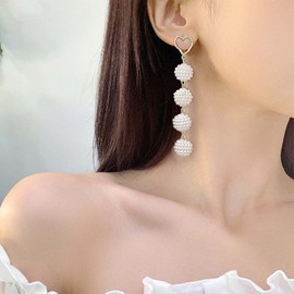 Yienate Long Pearl Drop Dangle Earrings Gold Pearl Ball Tassel Drop Earrings Heart Stud Cluster Pearl Ball Wedding Earrings Baroque Prom Statement Pearl Earrings Jewelry for Women and Girls
