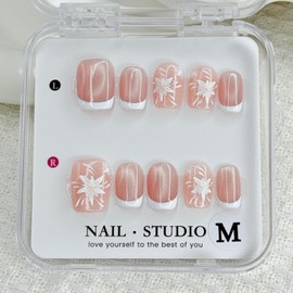 Handmade Press on Nails White French Press on Nails Short Square Fake Nails with Flower Designs Pink Sparkling False Nails Stick on Nails for Women DIY Accessories (Size M)