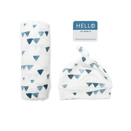 lulujo Birth Announcement Hat & Swaddle Blanket Set| Unisex Softest Bamboo Viscose Muslin Baby Swaddle Blanket| Receiving Blanket | 47in x 47in| Navy Triangle