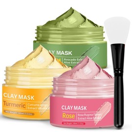 Ton Gesichtsmaske Set (3x100ml), Schlammmaske aus dem Kurkuma, Avocado Gesichtsmaske, Rosen Maske, Zur Tiefenreinigung und Ölkontrolle, Für eine ebenere Haut, Verbessert die Hautelastizität