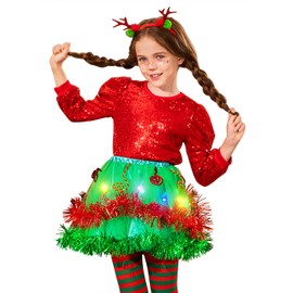 REETAN Light up Kids Christmas Tutu with Antler Headband Green Layered Tutu Skirt Sparkly Tutu Outfits for Girls (Lollipop, Polyester)