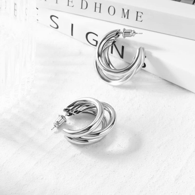 FAUTHENTICUTE Silver Plated hoops Huggie Earrings for Women, Chunky Silver
