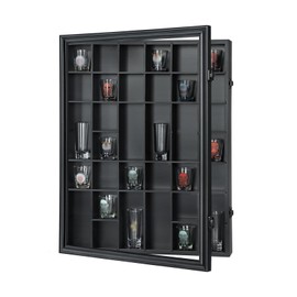 Sboitflmm 34 Shot Glass Display Case - Shot Glass Holder - Shot Glass Shelf Wall Mount Wooden Lockable with Removable Shelves for Collection Shot Glass UV Protection Acrylic Glass Door, Black