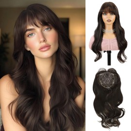 PHOCAS 22" Wavy Curly Toppers Hair Pieces for Women with Thinning Hair Topper with Bangs Lightweight Clip On Top Hairpieces Long Brown Wig Toppers for Naturally Boost Volume