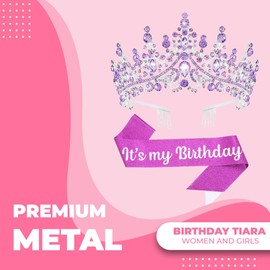 Papoopy Birthday Tiara and Crown with Sash, Birthday Tiara for Women Birthday Party (Purple)