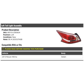 Left Driver Side Tail Light Assembly - Compatible with 2013 Nissan Altima Sedan