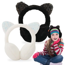 WIYETY Pack of 2 Winter Earmuffs, Plush Ear Warmers Girls, Earmuffs Children, Cute Cat Ears, Earmuffs, Cold-Resistant Earmuffs, Warm Ear Warmers for Outdoor Activities (Black + White), Black+white