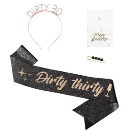 Frutain 30th Birthday Decorations for Her, Glitter Dirty Thirty Birthday Sash & Rhinestone Headband & Pearl Pin & Happy Birthday Card Set for Women Happy 30th Birthday Party Favors Gifts (Black)
